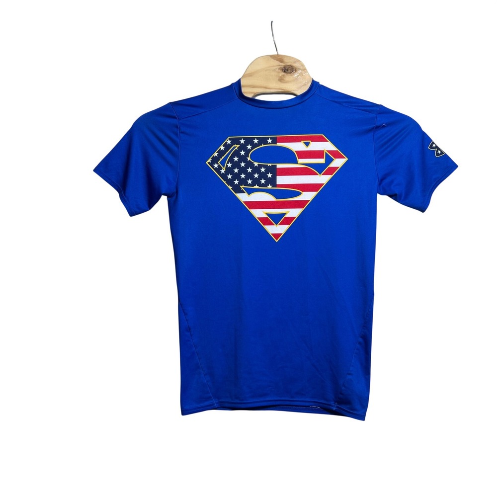 Under Armour Superman American Flag Compression Shirt Blue Large HeatGear